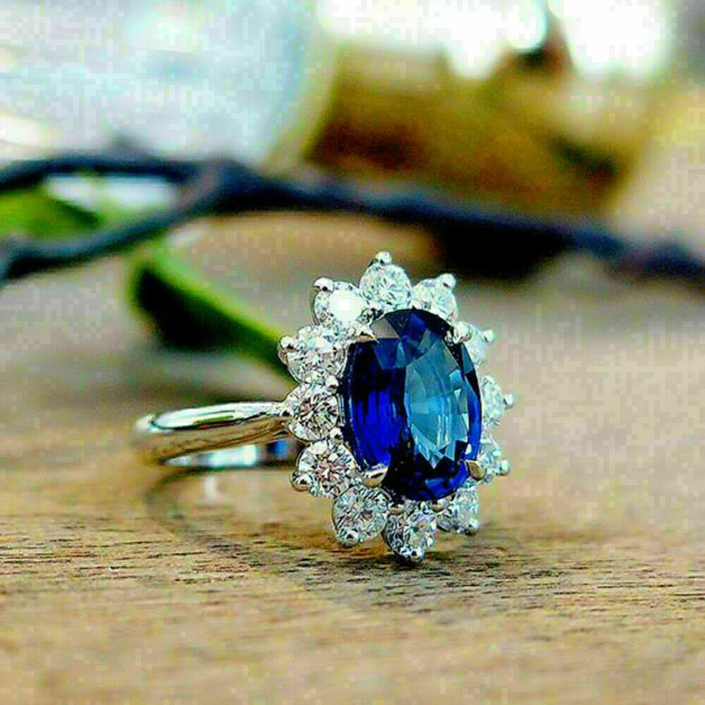 3.00 Ct Oval Cut Natural Sapphire & Diamond Wedding Ring 925 Sterling Silver
