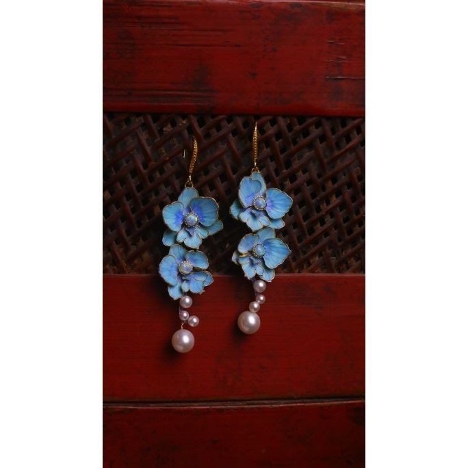 Butterfly Orchid Earrings Filigree Cloisonné Faux Pearl Chinese Style Jewelry