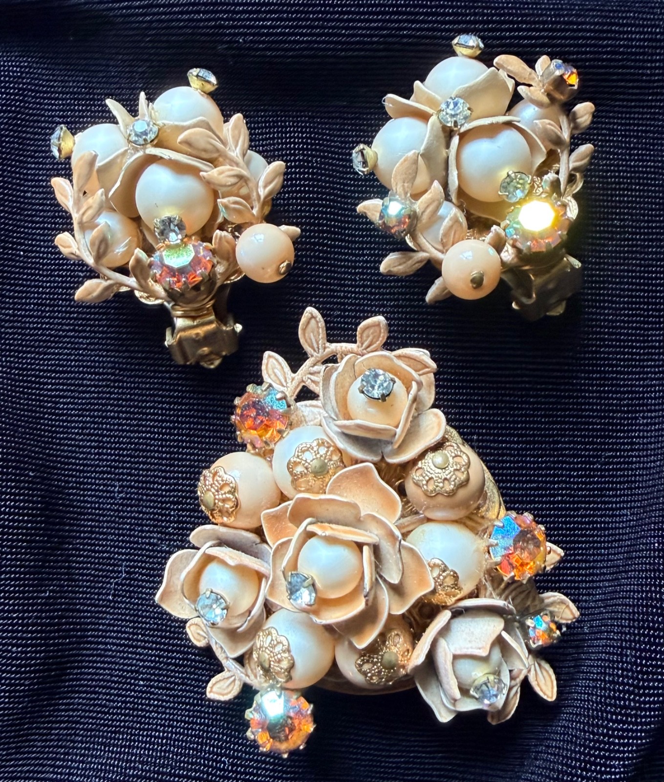 Unsigned Gold Tone Floral Brooch & Clip-On Earrings Set • Aurora/AB Rhinestones