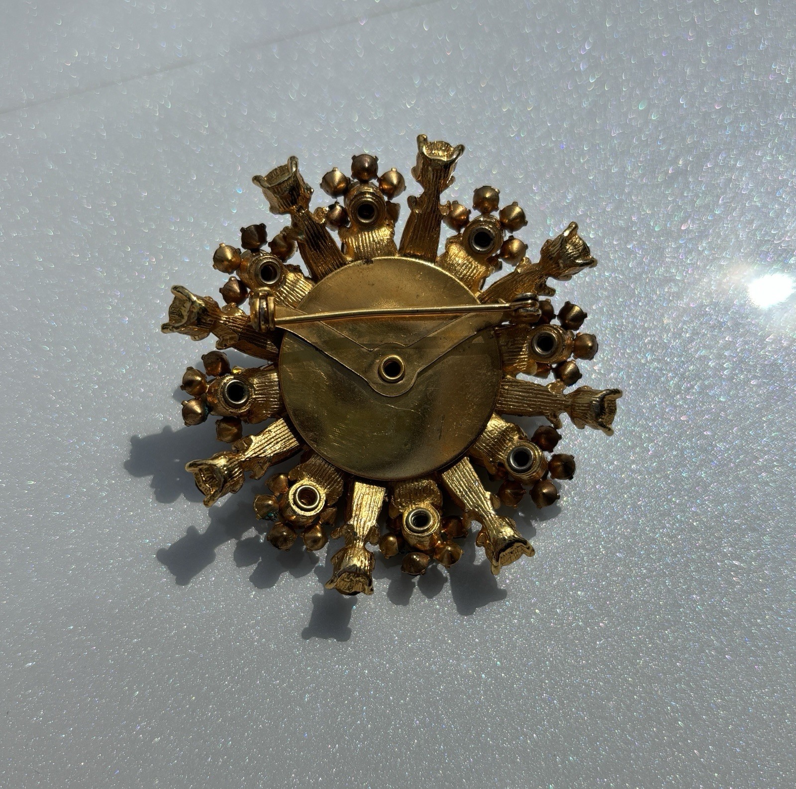 Gold Tone Green Amber Clear Rhinestone Flower Brooch Pin, Round Stones