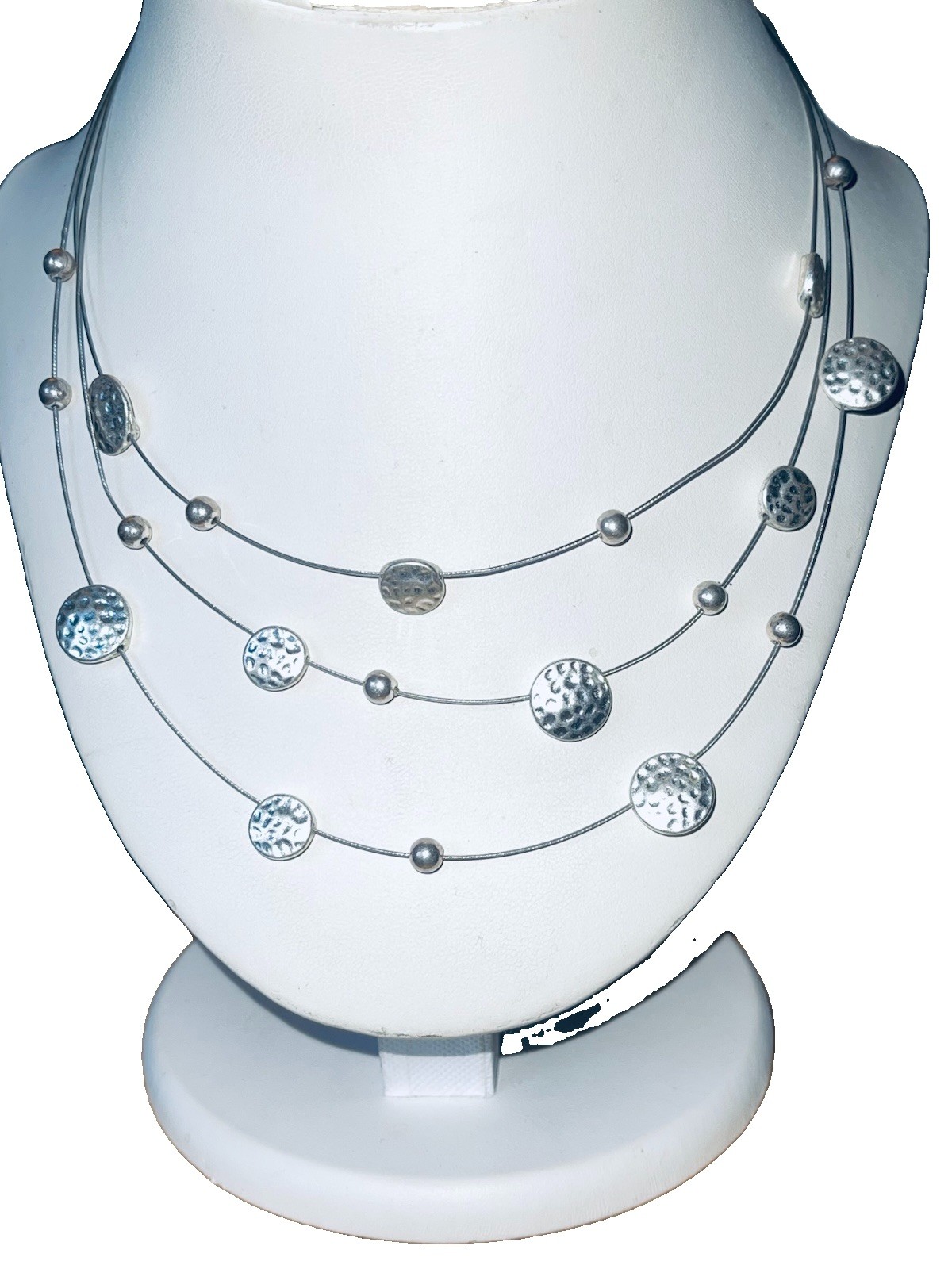 2 Necklaces Hammered Disc & Etch Squares Palladium Plated Wire Silver Tones