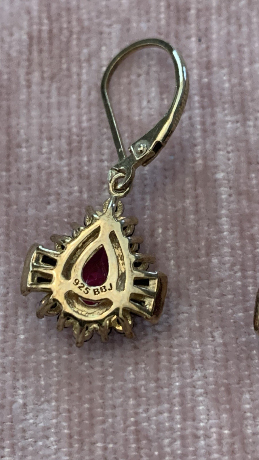 PEAR LAB CREATED RUBY WITH BLACK SPINEL 18K YELLOW GOLD OVER SILVER EARRINGS