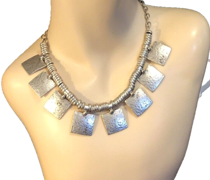 Necklace Silver Hammered Metal Abstract Lead Free Nickel Free Lalou Brand 19.5″