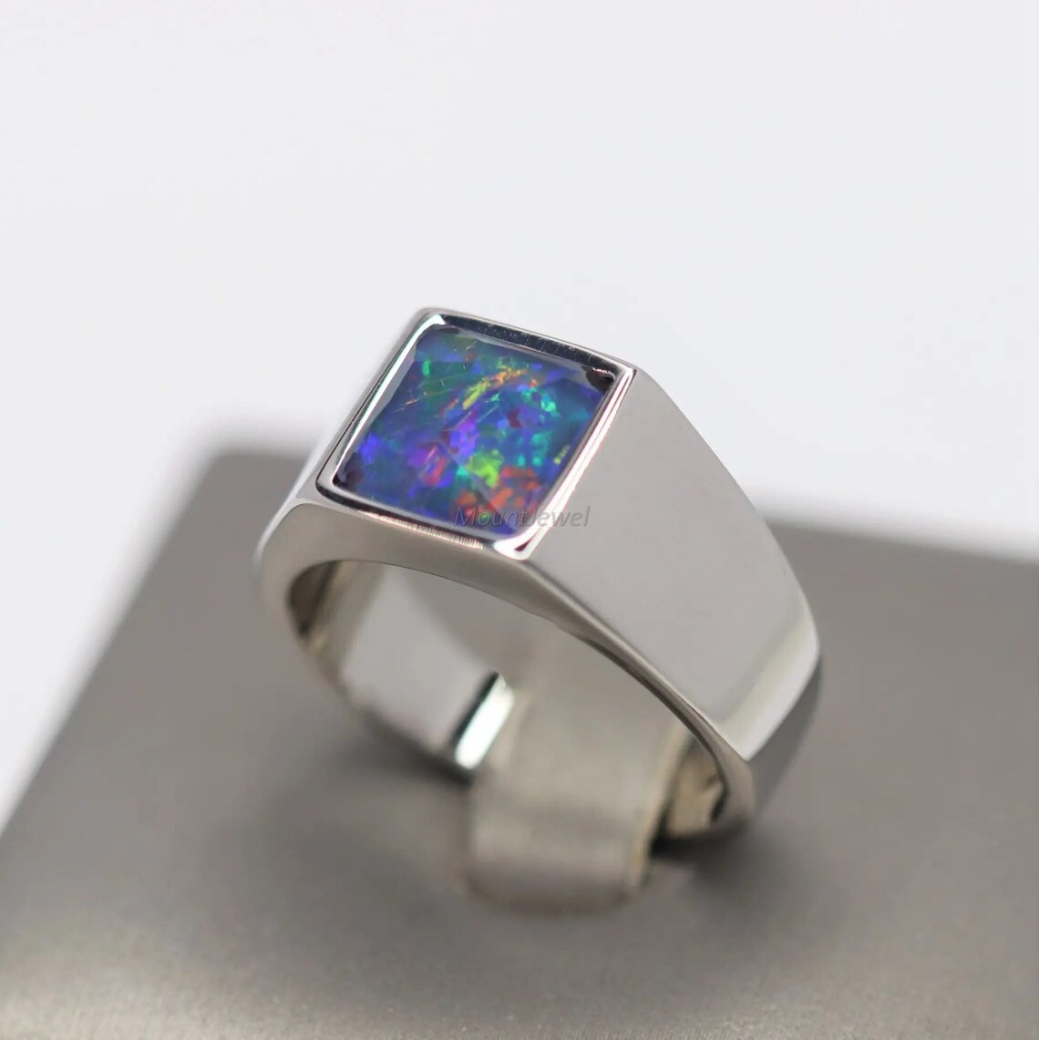 Blue Fire Opal Gemstone Signet Ring, 925 Sterling Silver Ring Gift For Friend