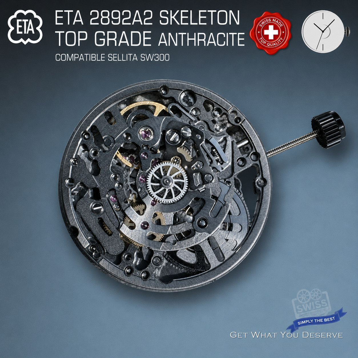MOVEMENT AUTOMATIC ETA 2892 TOP GRADE SKELETON ANTHRACITE Comp. SW300, SOP A10