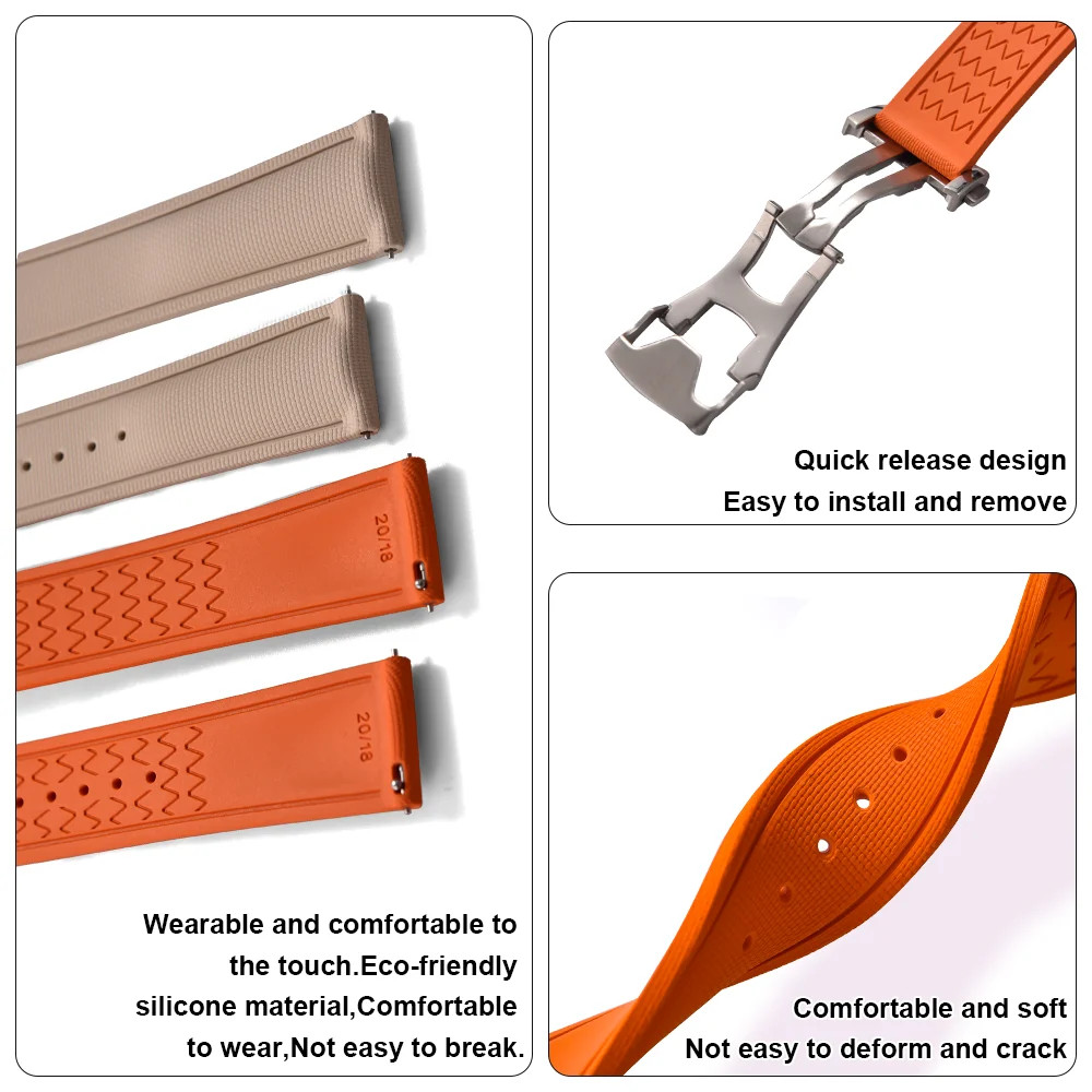 20/22mm Quick Release FKM Rubber Watch Strap Universal with Folding Clasp