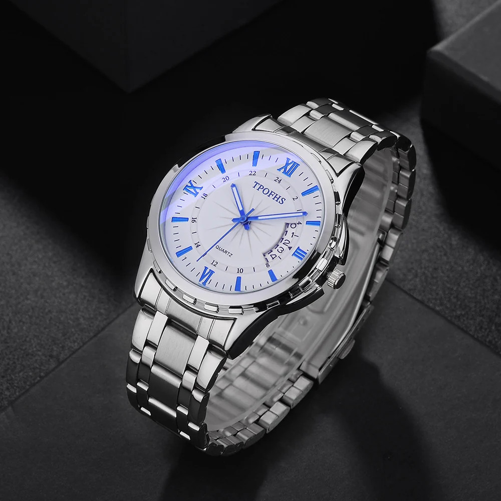 Mens Waterproof Calendar Watch With Steel Band Anti Blue Light Quartz Movement