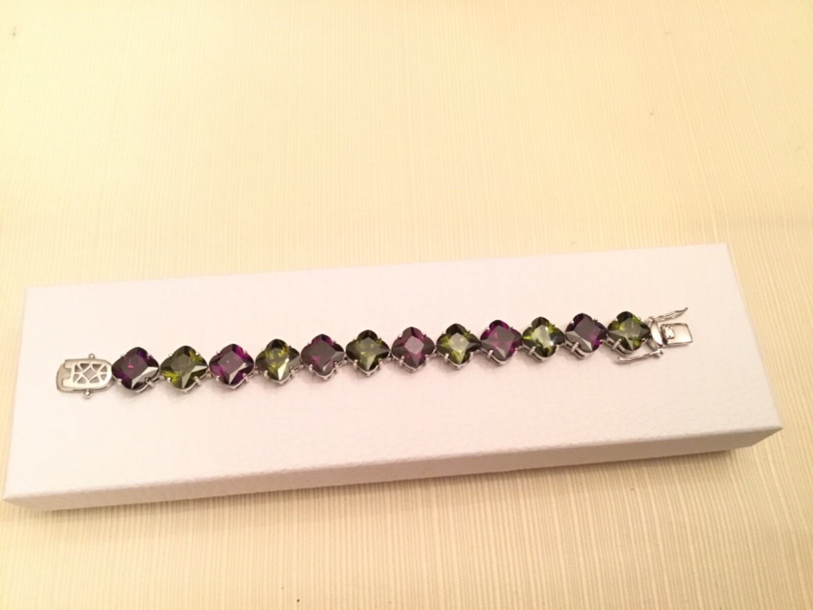 Sterling Silver PURPLE AND GREEN QUARTZ TENNIS BRACELET 6.5” DESIGNER SIGNED JJJ