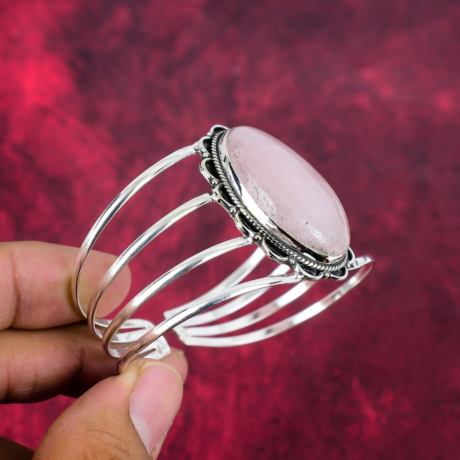 Rose Quartz Gemstone Handmade Bangle 925 Sterling Silver Adjustable Jewelry