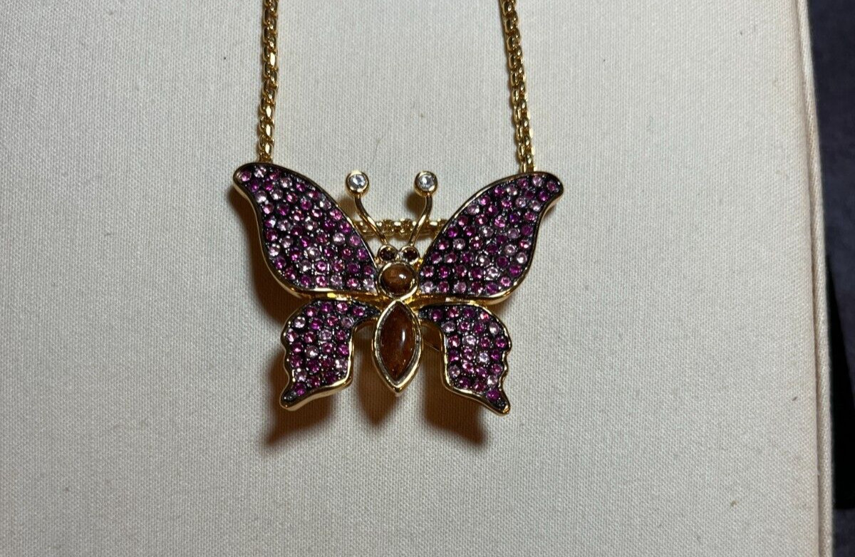 Koa wood fuchsia rose butterfly pin pendant nwt 2359
