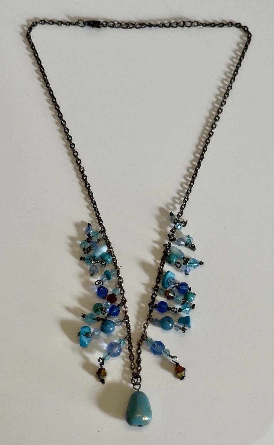 Lia Sophia Azure Necklace Retired Blue Beaded Cluster Mother of Pearl Y-Drop VTG