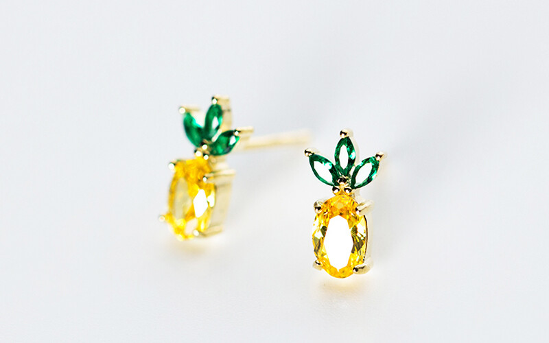 Gold Pinapple Stud Earrings, CZ Stone Stud, Pinapple Pandent Chain Necklace