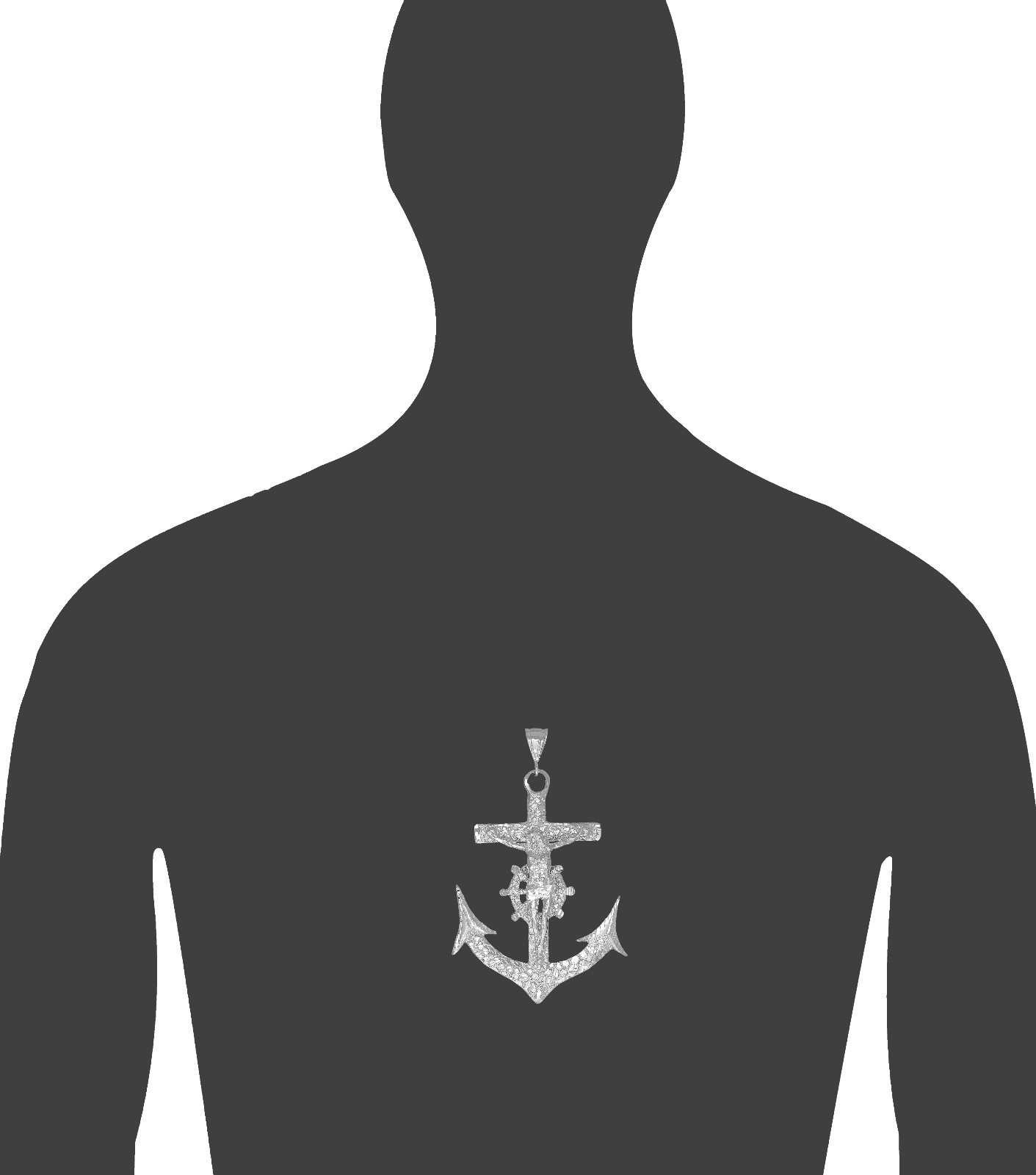 Nugget Style Sterling Silver Anchor Cross with Jesus Pendant Necklace, 35 Grams