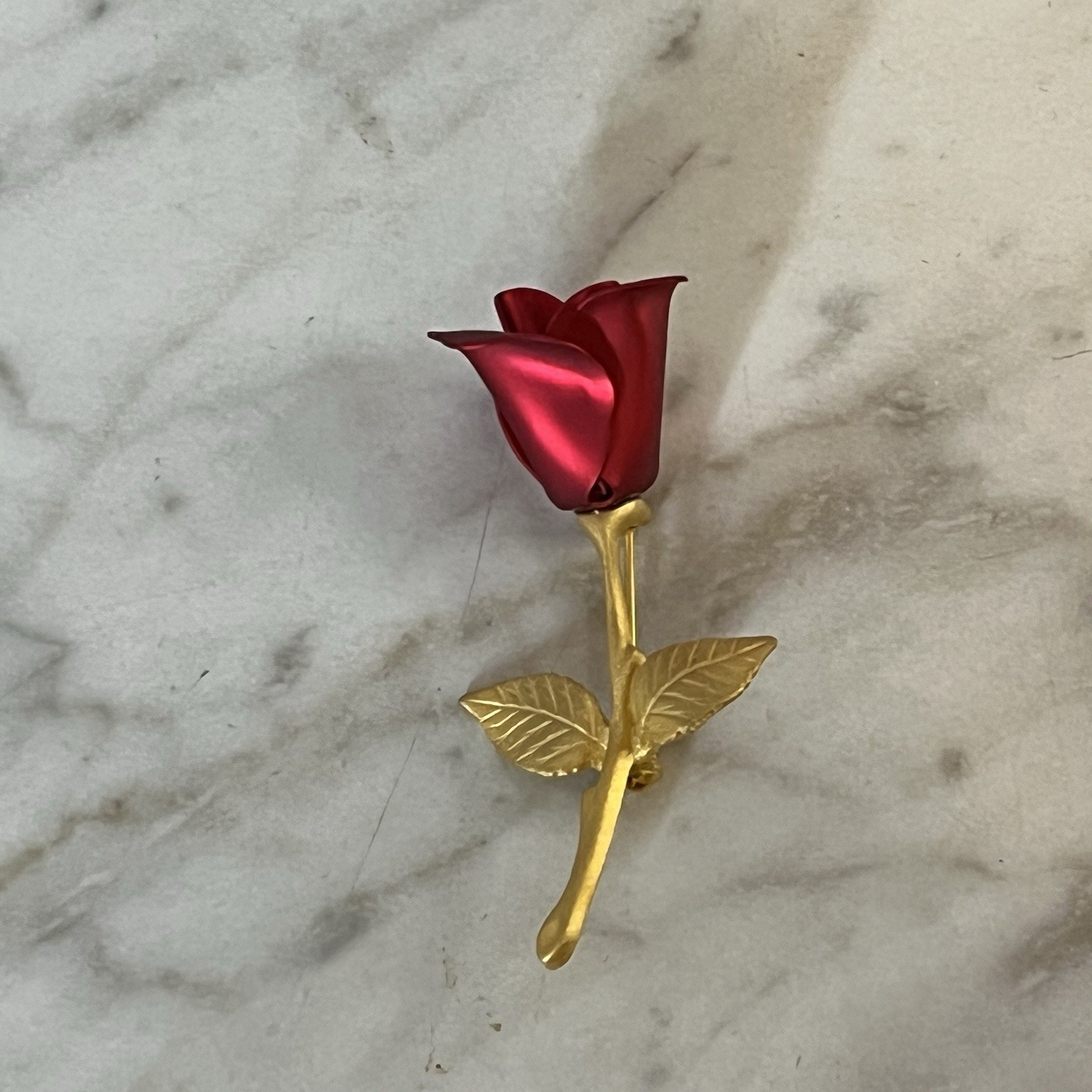 Vintage Rose Brooch Matte Gold Tone Stem Shiny Deep Red Rose 2.25in Pin