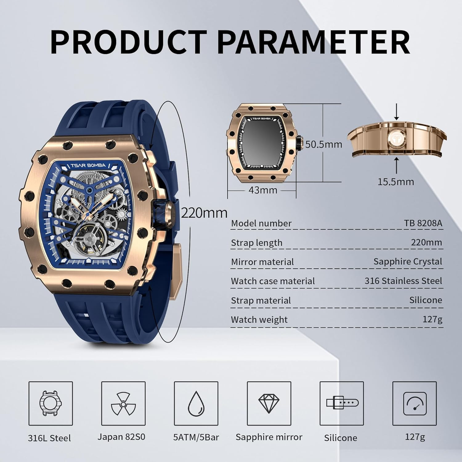Stylish Men’s Automatic Watch – 50M Waterproof, Big Face, Perfect Gift