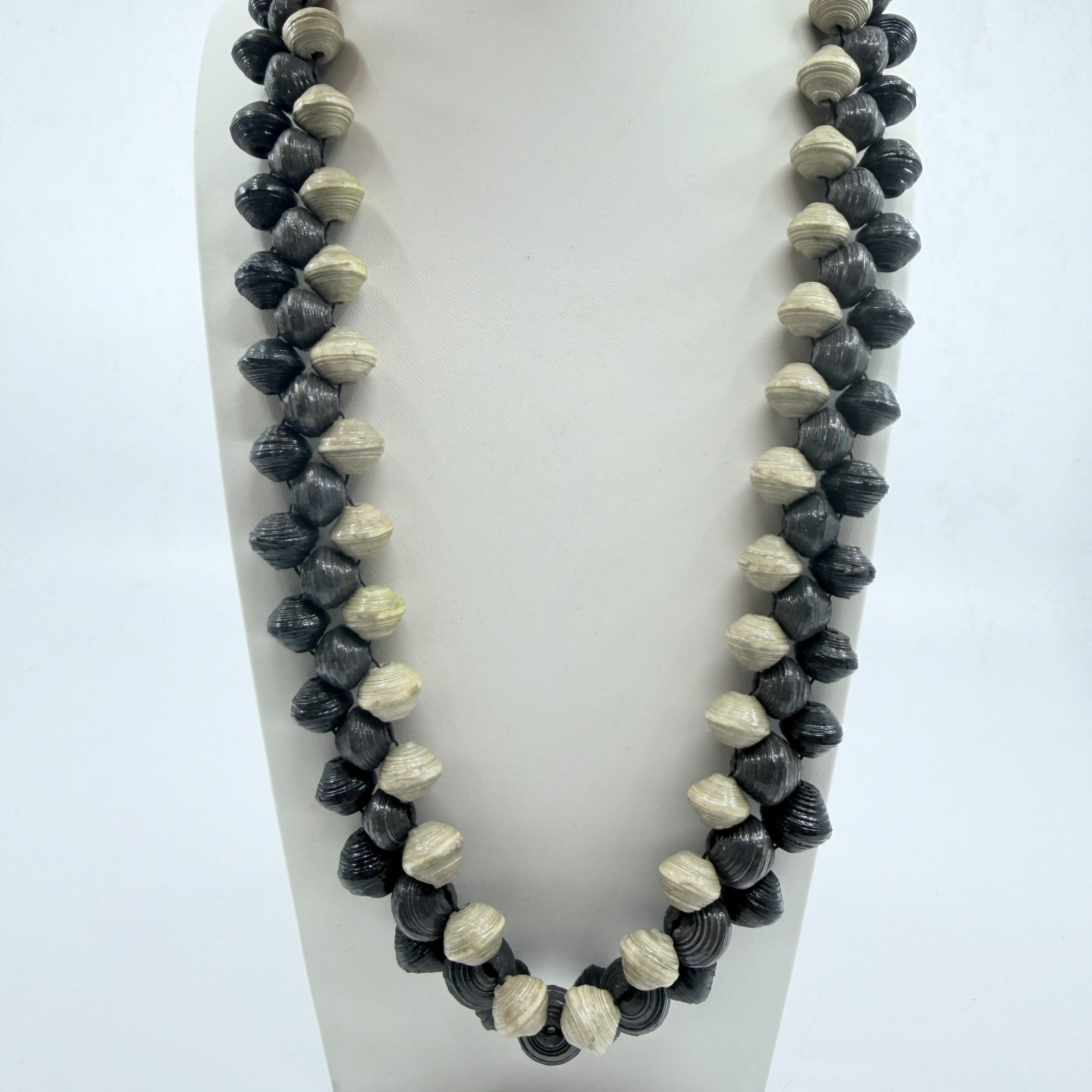 Vintage Boho Black Cream Handcrafted Rolled Paper Bead Strand Statement Necklace