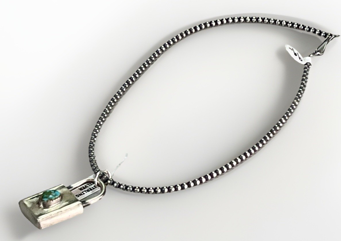 Sterling Silver Turquoise Padlock Pendant 925 Desert Pearl SW 16” Necklace 11.7g