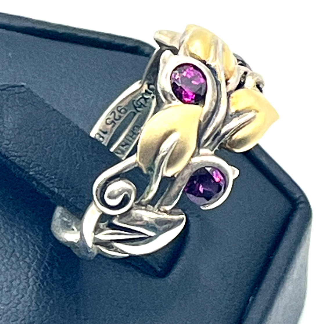 Barbara Bixby Ring Rhodolite Garnet Sz 8 💥 Vine Leaf Sterling 925 & 18k Leaf