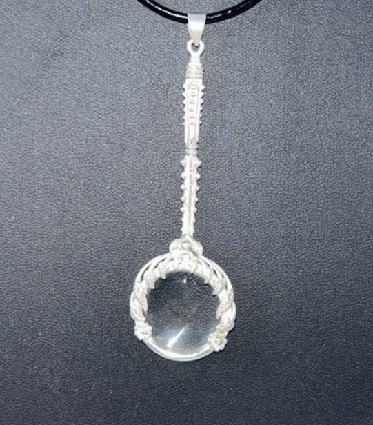 Silver-tone Pretty Floral Design 3″ Magnifying Glass Pendent On Cord 26″
