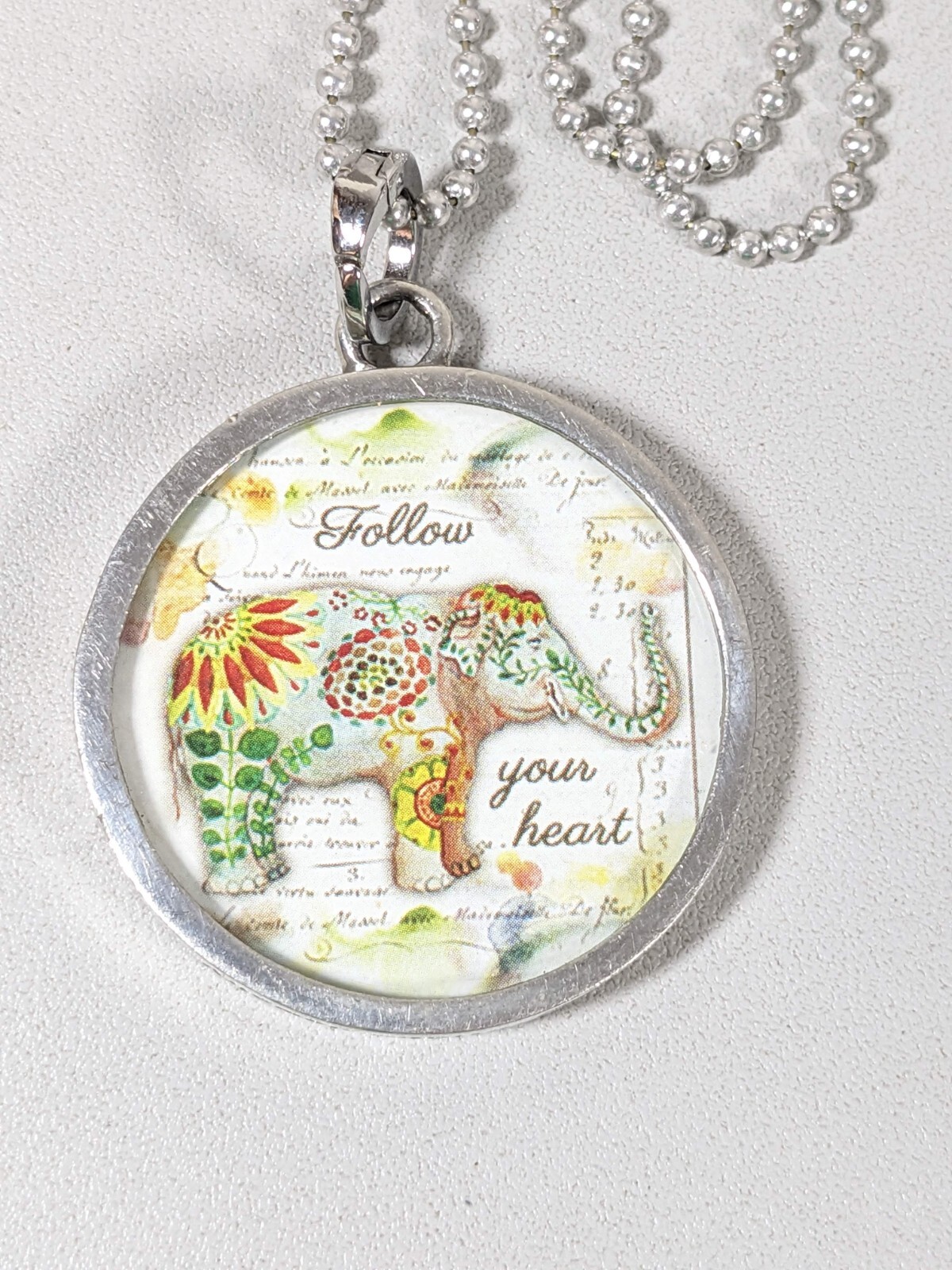 Follow Your Heart Elephant Round Pendant Emerson Quote Necklace 36 inch