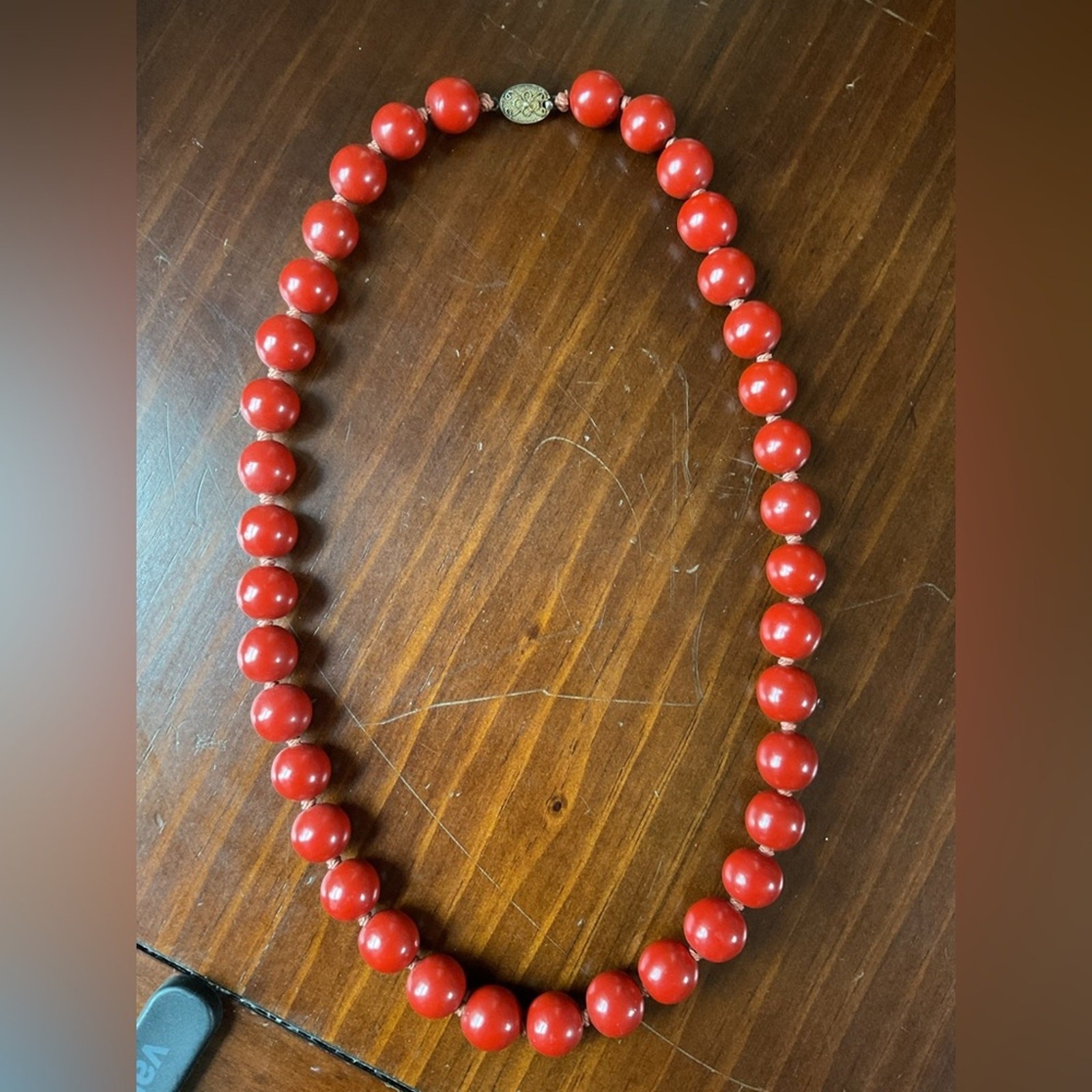 Vintage Rare Chinese Export Red Wooden Bead Silver Filigree Clasp Necklace