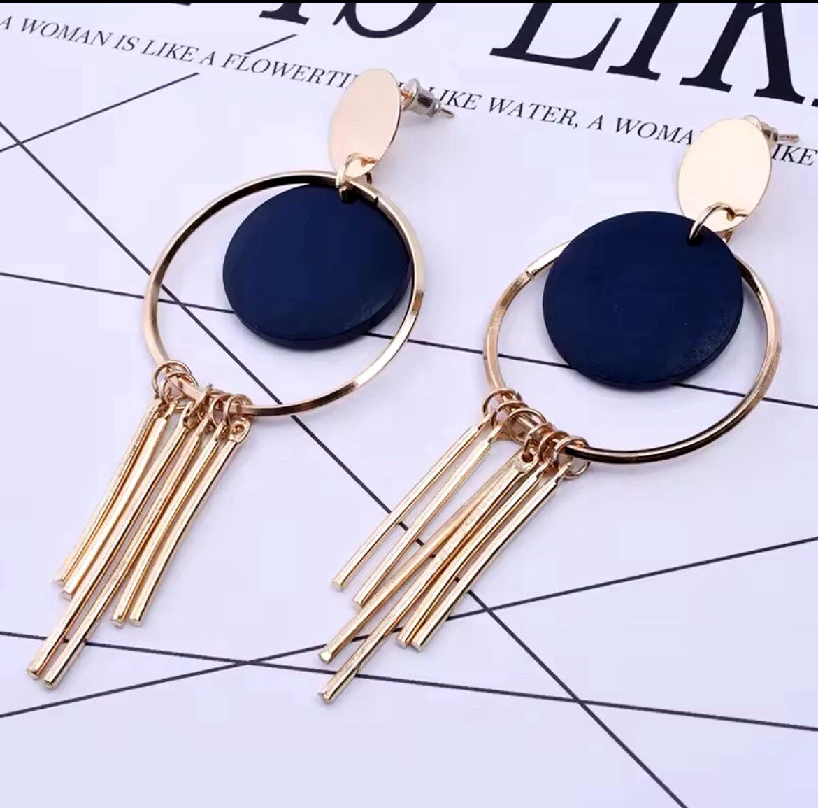Blue Metal Long Earings Bead Iron Alloy Tassel Stud Hoop Costume Jewellery