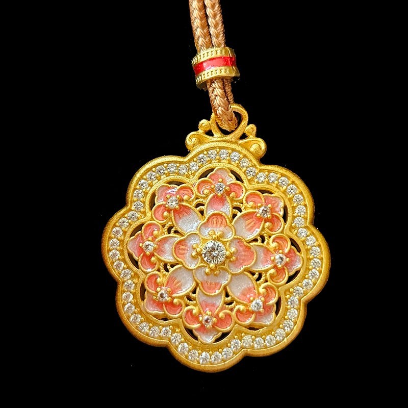 Silver S999 Carved Hollow Lacy & Pink Emerald Flower Plate 2 faces Wear Pendant