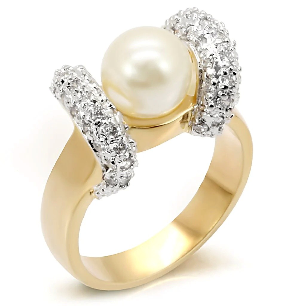 Women’s Contemporary Ring, White Pearl, 14K Gold & Rhodium Plated, Brass