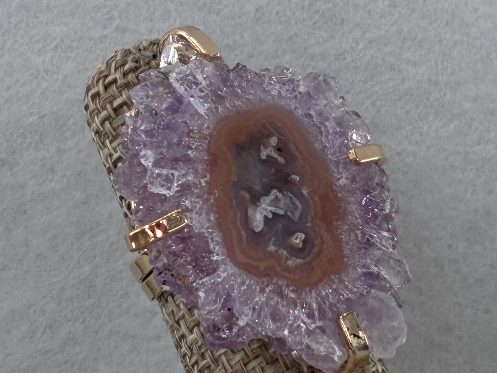 Kalifano Amethyst Stalactite Agate Gold Tone Adjustable Ring Shank Signed BR