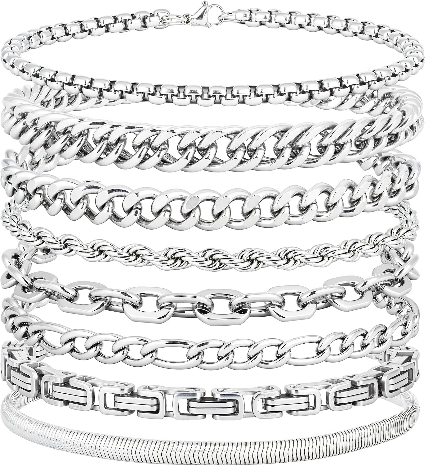 Chain Bracelet for Men Stainless Steel Cuban Link Curb Figaro Herringbone Rope P