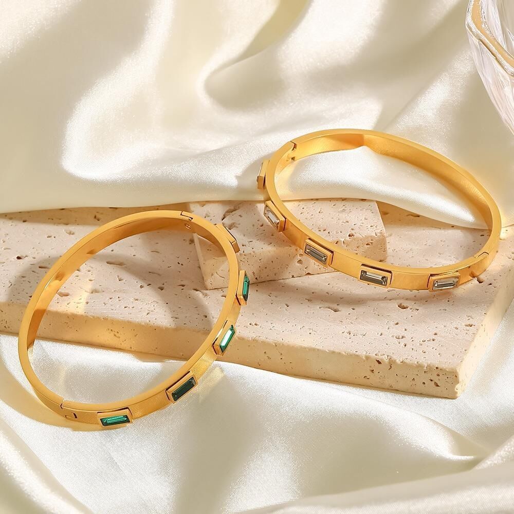 Woman 18K Gold Plated Stainless Steel Square Cubic Zircon Cuff Bracelet Bangle