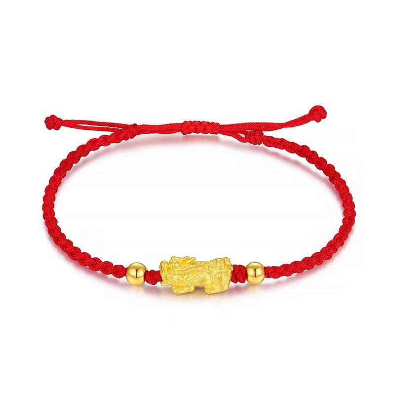 Pure 999 24K Yellow Gold Men Women 3D Wealth Dragon Pixiu Bead Bracelet 0.3-0.5g