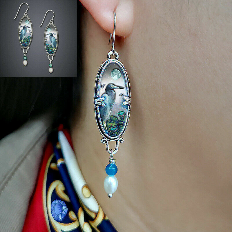 Unique New Silver Plated Bird & Bead Hook Dangle Drop Earrings