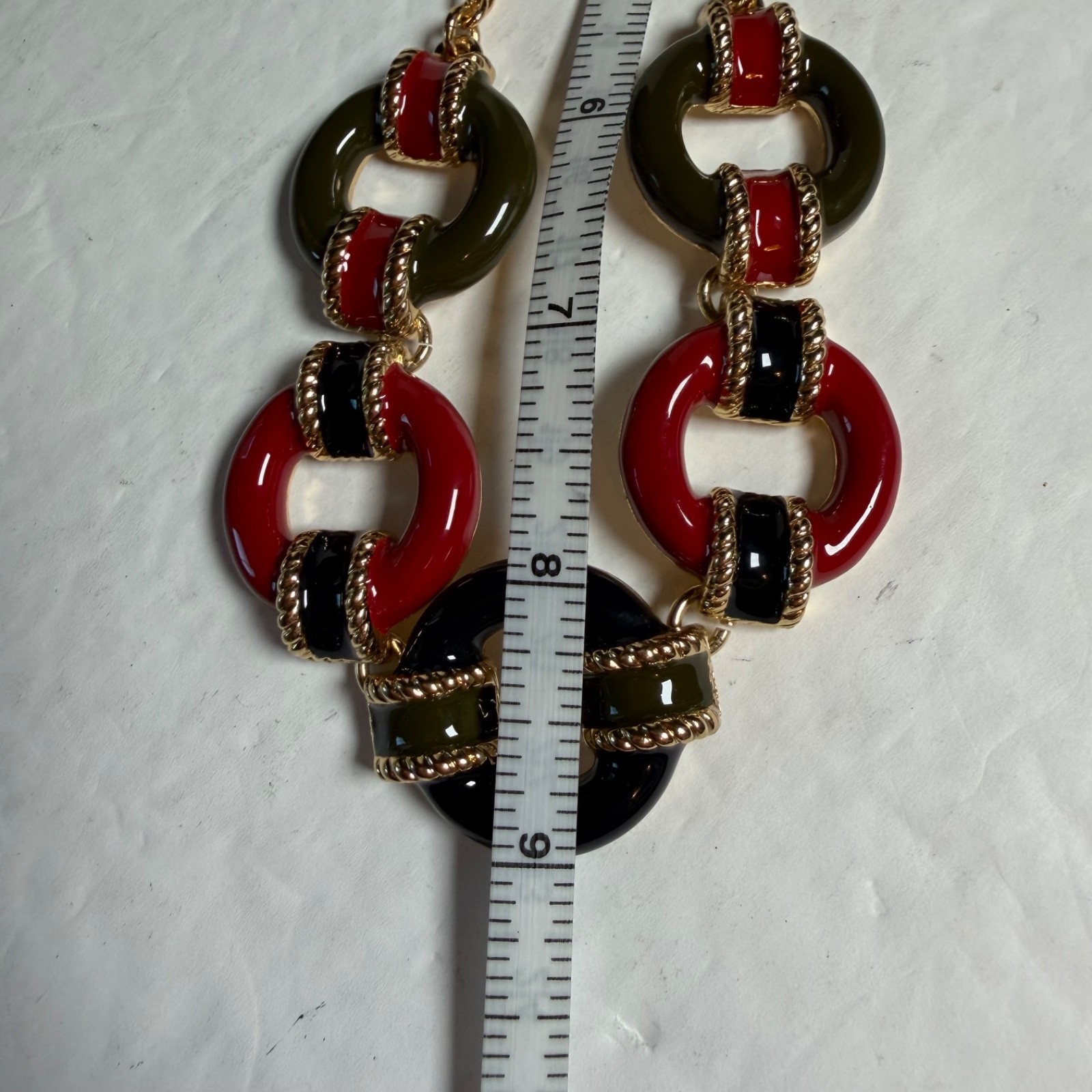 Talbots Gold Tone Enamel Link Necklace Red Blue Olive Green Statement 21″