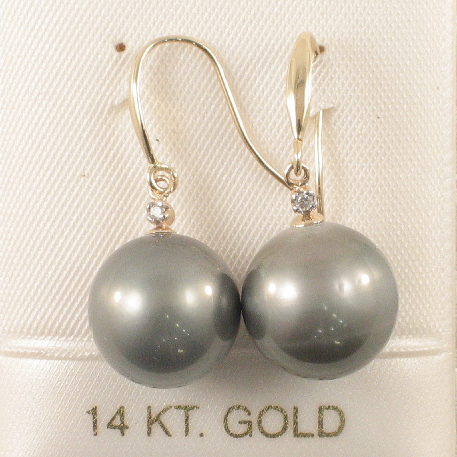 14kt Yellow Solid Gold Diamonds Tahitian Pearl Dangle Hook Earrings TPJ