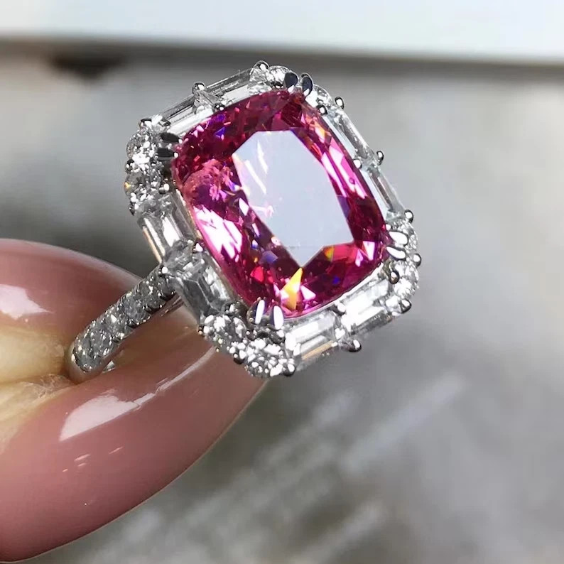6.50Ct Cushion Cut Natural Pink Sapphire & Solid 14K White Gold Engagement Ring