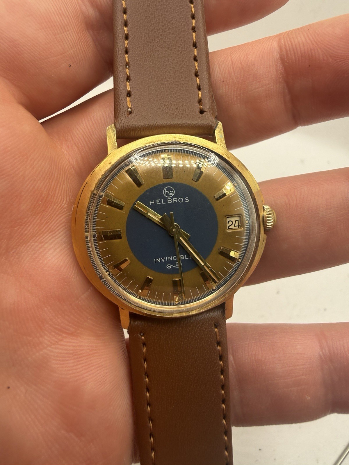 VINTAGE HELBROS Men’s Manual Wind Watch Date Sunburst Brown/Blue Dial 1960s 17J