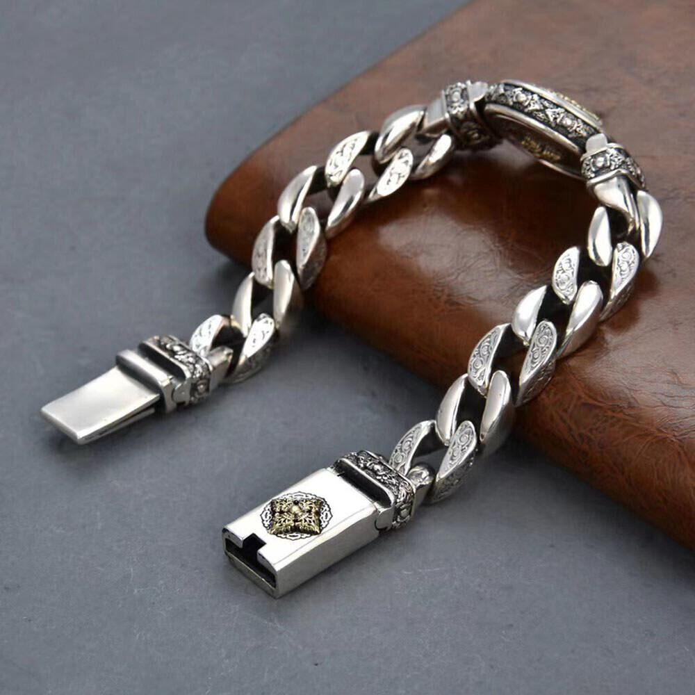 Pure S925 Sterling Silver Chain 11mm Round Vajra Curb Link Bracelet 7.1-8.7inch