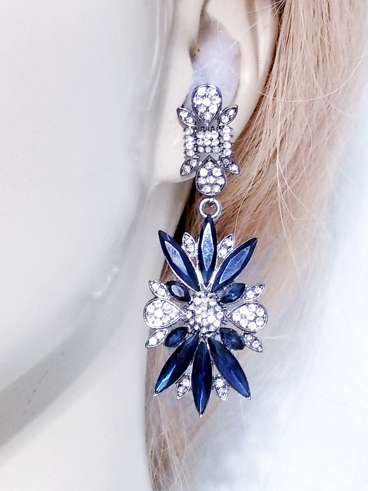 Rhinestone Chandelier Drop Earrings Steampunk Prom Pageant Jewelry 2.8 in Blue