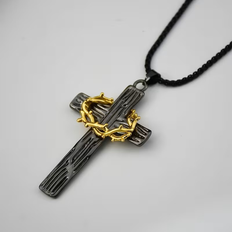 Black Christian Cross Necklace Crown of Thorns Pendant Religious Gift Jesus Mens