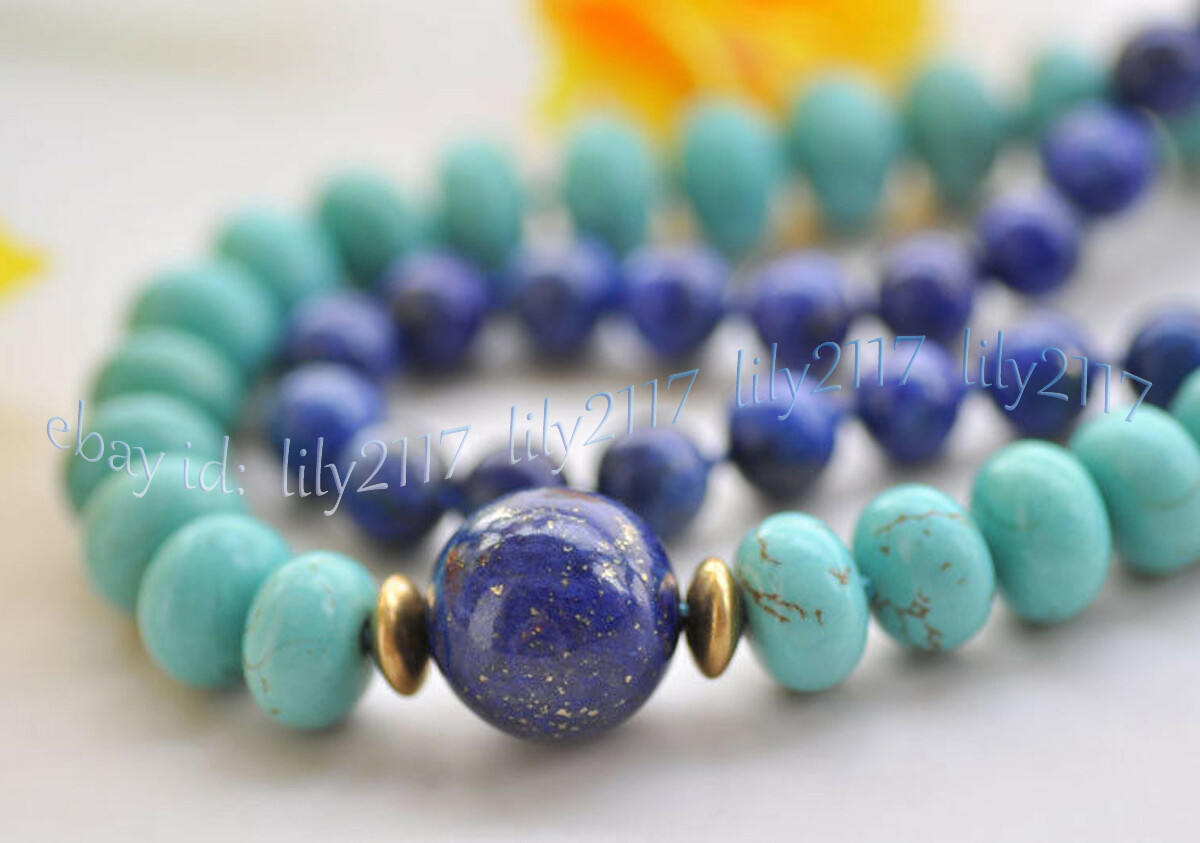 2 Rows 5x8mm Blue Turquoise Rondelle Gems & Round Lapis Lazuli Necklaces 17-18”