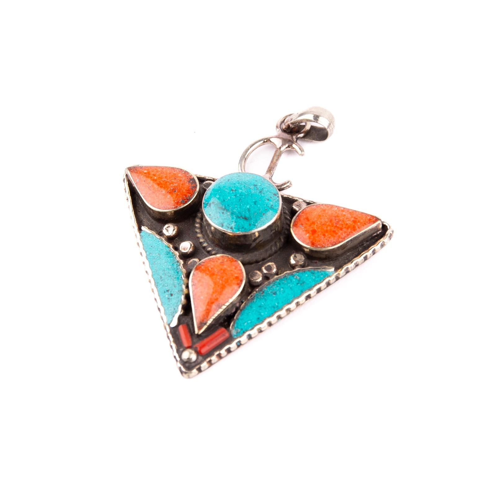 Tibetan Pendant, Tazerzit Pendant, Turquoise Stone Amulet Coral, Handmade