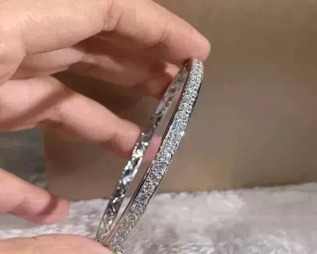 Real Moissanite 6.00CT Round Cut Bangle Bracelet 14K White Gold Plated Silver