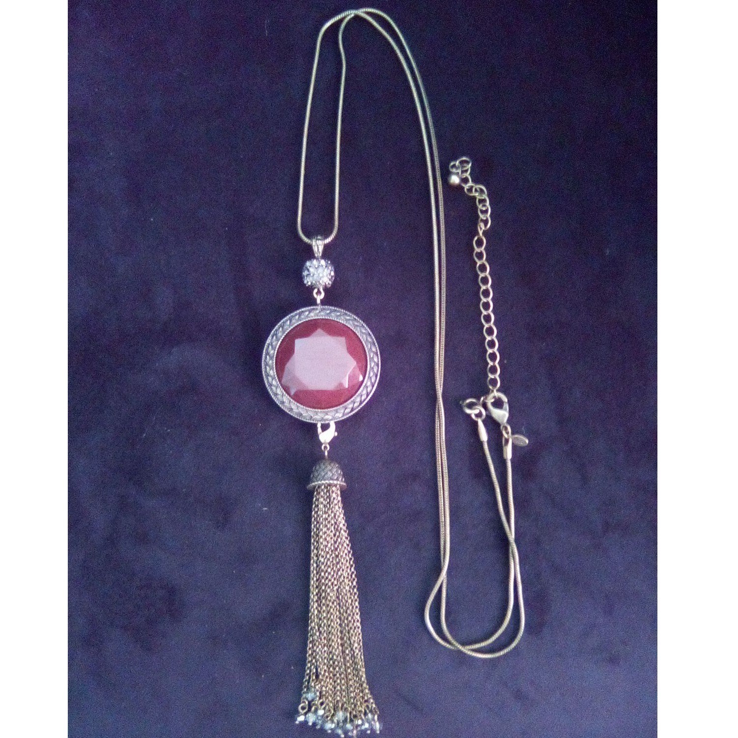 C&C Reversible Red Grey Faceted Stone Long Tassel Snake Chain Necklace Boho 30in