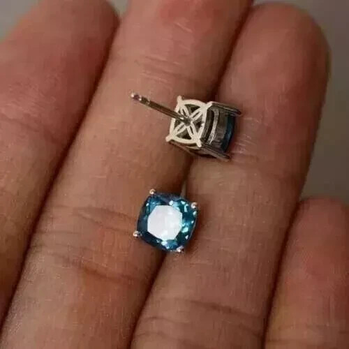 2Ct Cushion Cut Lab Created London Blue Topaz Stud Earring 14K White Gold Plated