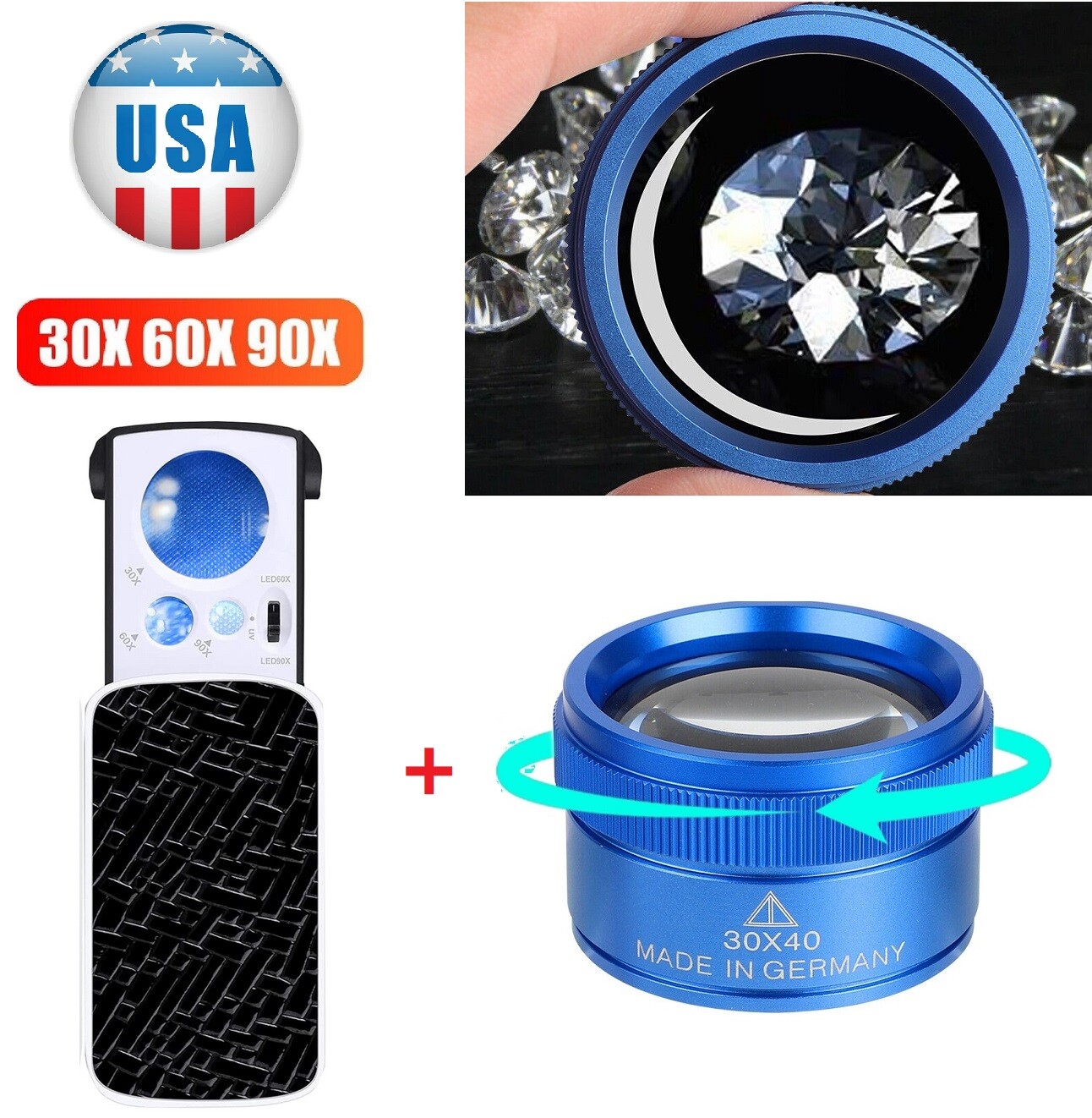 2× Jewelers Loupe Magnifier Light 30X 60X 90X Jewelry Loop Magnifying Glass USA