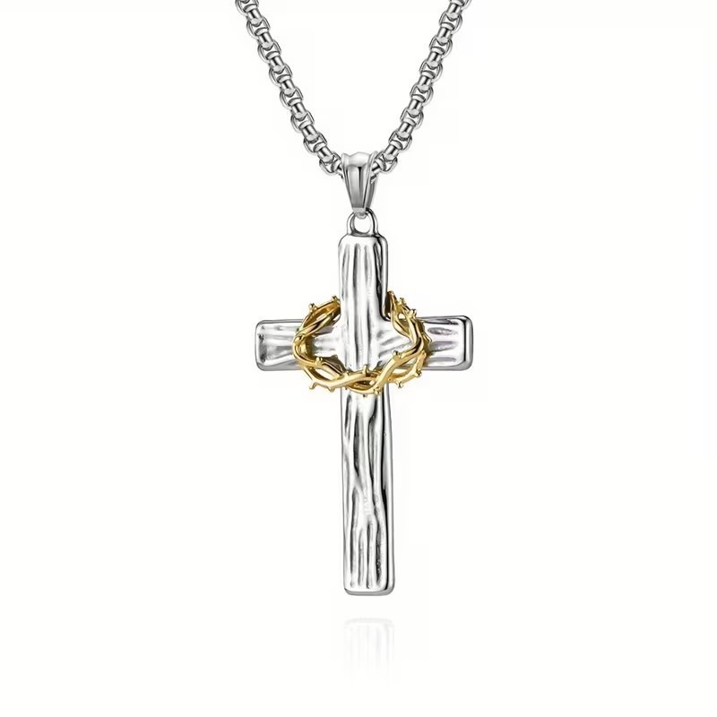 Silver Christian Cross Necklace Crown of Thorns Pendant Gift Jesus Mens