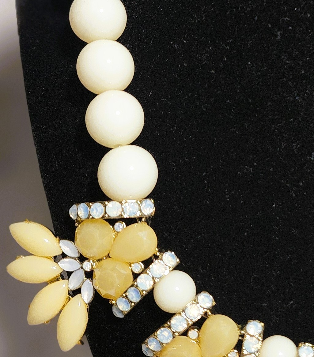 Necklace with Beige White Beaded and Rhinestone Fashion Boho Style