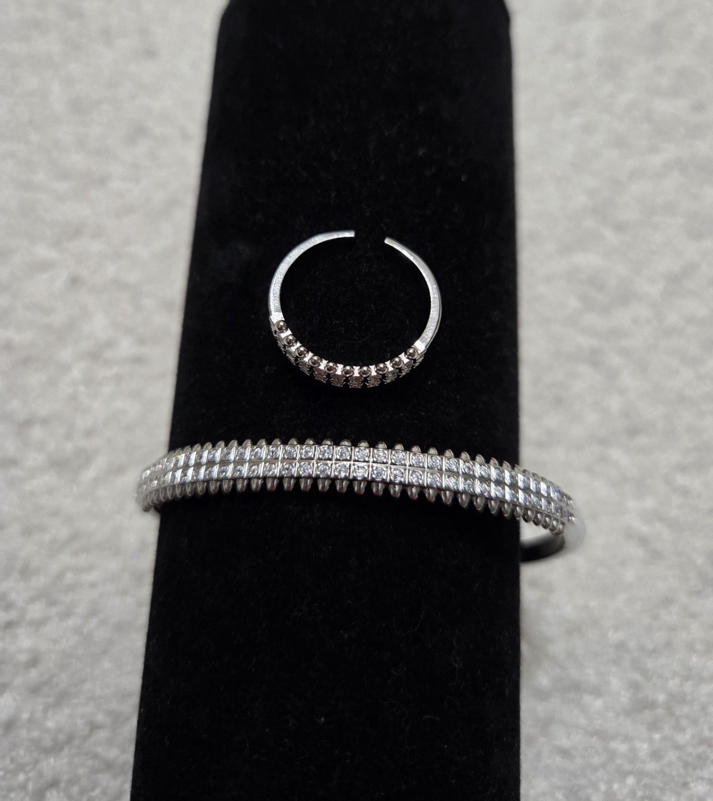 Silver Tone Pavé Round Clear Crystal Bangle Bracelet, Matching Ring Set