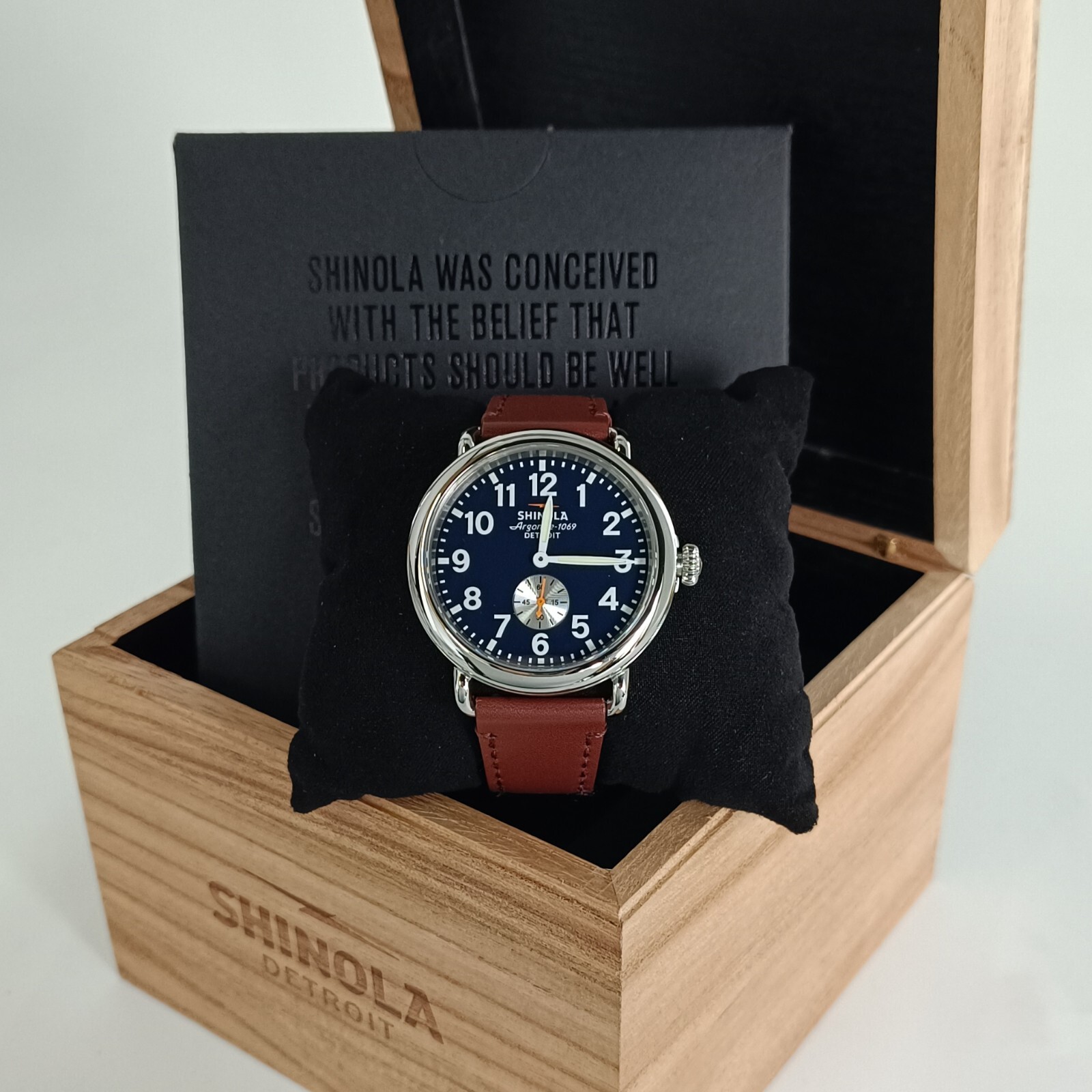 Shinola Runwell Blue Dial White Numerals with Brown Leather Strap Watch 41mm
